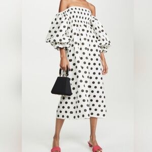 Sleeper Atlanta Dress- Polka Dot Off-Shoulder Balloon Sleeve - Black and White